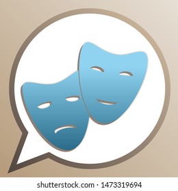 Theater icon with happy and sad masks. Bright cerulean icon in white speech balloon at pale taupe background. Illustration.