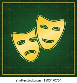 Theater icon with happy and sad masks. Golden icon with gold contour at dark green gridded  background. Illustration.