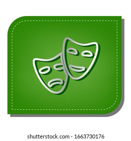 Theater icon with happy and sad masks. Silver gradient line icon with dark green shadow at ecological patched green leaf. Illustration.