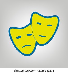 Theater icon with happy and sad masks. Icon in colors of Ukraine flag (yellow, blue) at gray Background. Illustration.