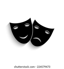 Theater icon with happy and sad masks  - black vector icon with shadow 