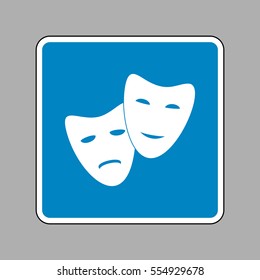 Theater icon with happy and sad masks. White icon on blue sign as background.