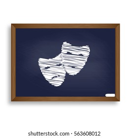 Theater icon with happy and sad masks. White chalk icon on blue school board with shadow as background. Isolated.