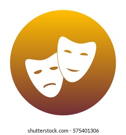 Theater icon with happy and sad masks. White icon in circle with golden gradient as background. Isolated.