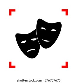 Theater icon with happy and sad masks. Black icon in focus corners on white background. Isolated.