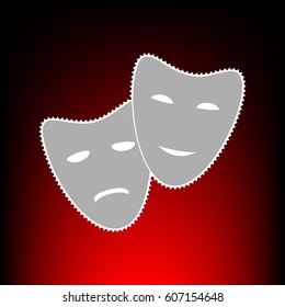 Theater icon with happy and sad masks. Postage stam or old photo style on red-black gradient background.