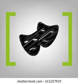 Theater icon with happy and sad masks. Vector. Black scribble icon in citron brackets on grayish background.