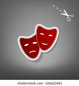 Theater icon with happy and sad masks. Vector. Red icon with for applique from paper with shadow on gray background with scissors.