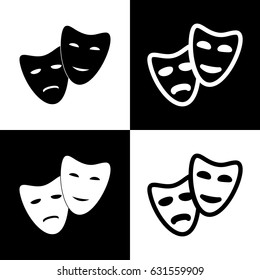 Theater icon with happy and sad masks. Vector. Black and white icons and line icon on chess board.