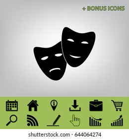 Theater icon with happy and sad masks. Vector. Black icon at gray background with bonus icons 
