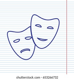 Theater icon with happy and sad masks. Vector. Navy line icon on notebook paper as background with red line for field.