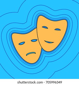 Theater icon with happy and sad masks. Vector. Sand color icon with black contour and equidistant blue contours like field at sky blue background. Like waves on map - island in ocean or sea.
