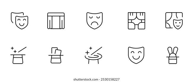 Theater icon, masquerade, mask, mime, stage, concert vector set design with Editable Stroke. Line, Solid, Flat Line, thin style and Suitable for Web Page, Mobile App, UI, UX design.