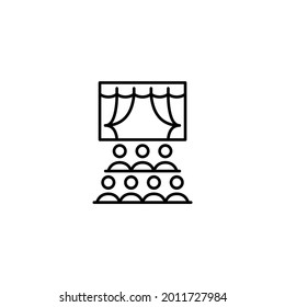 Theater icon. Scene with curtain and rows of spectators. Pixel perfect, editable stroke