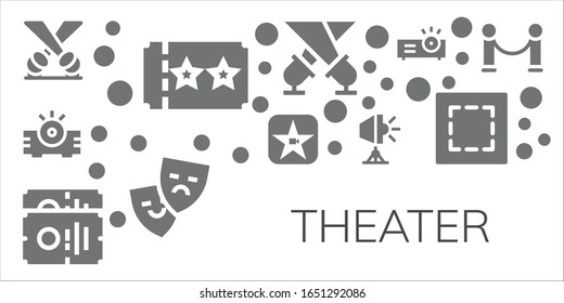 theater icon set. 11 filled theater icons. Included Spotlight, Ticket, Projector, Movie, Theater, Marquee, Velvet icons
