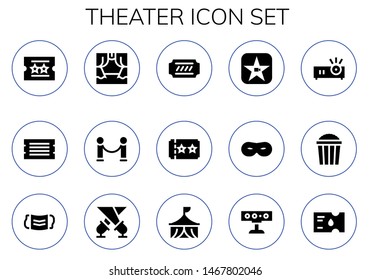 theater icon set. 15 filled theater icons.  Simple modern icons about  - Ticket, Scene, Velvet, Movie, Mask, Projector, Popcorn, Spotlight, Circus