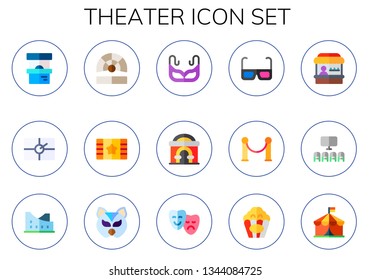 theater icon set. 15 flat theater icons.  Collection Of - ticket, cinema, movies, mask, d glasses, velvet, fairground, museum, popcorn, circus