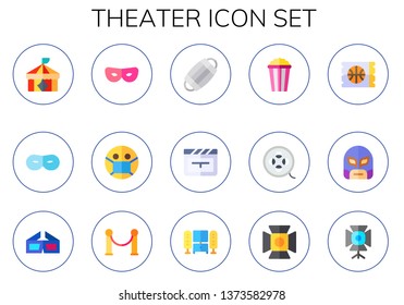 theater icon set. 15 flat theater icons.  Collection Of - circus, mask, masks, cinema, popcorn, film, ticket, d glasses, velvet, home cinema, spotlight