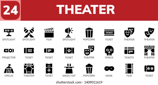 theater icon set. 24 filled theater icons.  Simple modern icons about  - Spotlight, Film, Popcorn, Ticket, Theater, Projector, Theatre, Yorick, Tickets, Circus, Magic hat, Mask