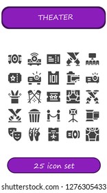  theater icon set. 25 filled theater icons. Simple modern icons about  - Projector, Ticket, Spotlight, Cinema, Film, Magic hat, Scene, Popcorn, Velvet, Masks, Ballet, Theater