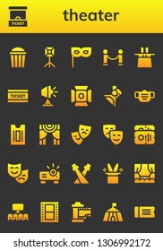 theater icon set. 26 filled theater icons.  Simple modern icons about  - Popcorn, Ticket office, Spotlight, Mask, Velvet, Magic hat, Ticket, Theater, Masks, Theatre, Projector