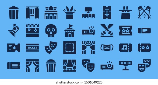 theater icon set. 32 filled theater icons. on blue background style Simple modern icons about  - Popcorn, Spotlight, Ticket, Curtain, Stage, Curtains, Museum, Yorick, Theater