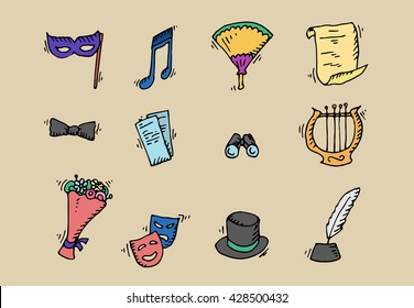 Theater icon set. Art collection. Hand drawn vector stock illustration
