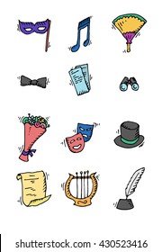 Theater icon set. Art collection. Theater mask, note, bow tie, theater tickets, hat, bouquet, Opera glasses, ink pen. Hand drawn vector stock illustration