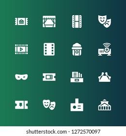 theater icon set. Collection of 16 filled theater icons included Theater, Projector, Ticket, Red carpet, Literature, Mask, Popcorn, Film, Theatre mask, Cinema