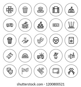 Theater icon set. collection of 25 outline theater icons with circus, dancer, fame, government, mask, masks, masquerade, movie, popcorn, scene icons. editable icons.