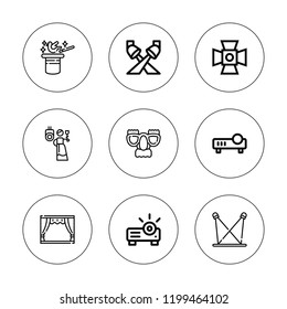 Theater icon set. collection of 9 outline theater icons with magic hat, mask, projector, theatre icons. editable icons.