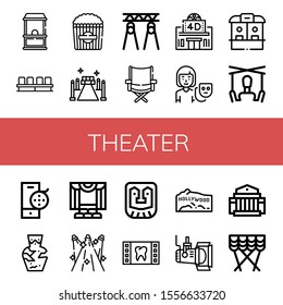 theater icon set. Collection of Ticket office, Movie, Popcorn, Red carpet, Spotlight, Directors chair, Movie theater, Actor, Puppet, Film reel, Amphora, Theater, Spotlights icons