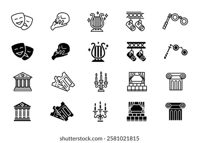 Theater icon set. Comedy and tragedy masks, Hamlet skull, and lyre sign. Spotlight, opera binoculars, and candelabrum symbol. Column, stage curtains, and tickets pictogram. Drama and art illustration.