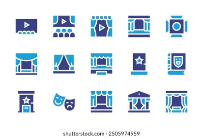 Theater icon set. Duotone color. Vector illustration. Containing movietheater, theater, backstage, stage, scenicillumination, door, masks, cinema.