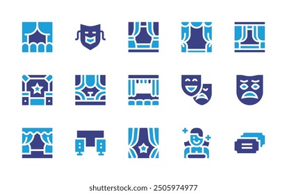 Theater icon set. Duotone color. Vector illustration. Containing theater, stage, tragedy, show, speakers, concert, curtains, comedy, actress, ticket, mask.