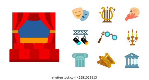 Theater icon set. Stage with red curtains sign. Comedy and tragedy masks symbol. Hamlet skull and opera binoculars illustration. Spotlight, column, tickets, and cultural building pictogram