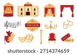Theater Icons and Elements Set with Stage, Curtains, Masks, Tickets, Chandelier and Musical Notes. Classical Opera and Drama Illustration Collection Isolated on White Background