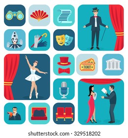 Theater icons flat set with actors and decoration symbols isolated vector illustration