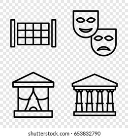 Theater icons set. set of 4 theater outline icons such as fence, court, mask