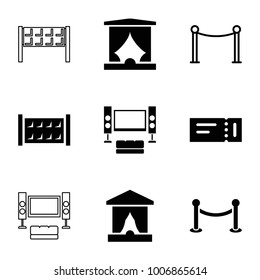 Theater icons. set of 9 editable filled and outline theater icons such as fence, ticket, stage, red carpet barrier