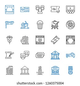 theater icons set. Collection of theater with mask, cinema, building, museum, projector, tickets, theater masks, literature, stage, ticket. Editable and scalable theater icons.