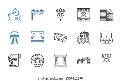 theater icons set. Collection of theater with mask, ticket, museum, film, literature, cinema, building, stage, popcorn, tickets. Editable and scalable theater icons.
