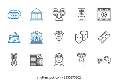 theater icons set. Collection of theater with projector, mask, muse, building, ticket, comedy, popcorn, film, museum, tickets. Editable and scalable theater icons.