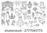 Theater icons set in contour line art style with stage curtain, masks, opera glasses and costumes. Black and white performance elements for entertainment industry, coloring pages or arts design