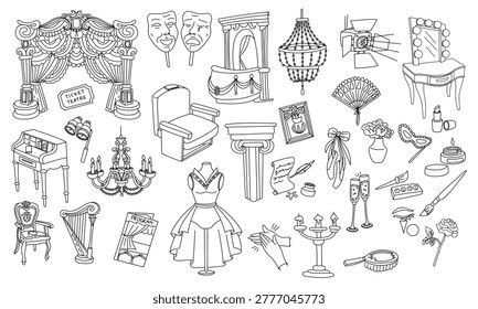 Theater icons set in contour line art style with stage curtain, masks, opera glasses and costumes. Black and white performance elements for entertainment industry, coloring pages or arts design