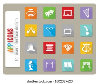 theater icons set in flat design with long shadow