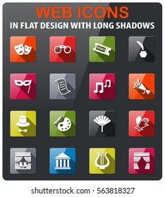 theater icons set in flat design with long shadow
