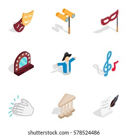 Theater icons set. Isometric 3d illustration of 9 theater vector icons for web