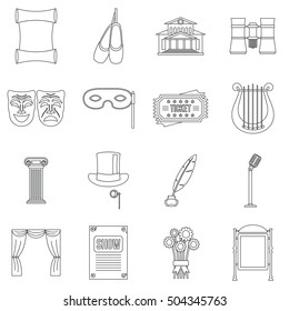 Theater icons set. Outline illustration of 16 theater vector icons for web