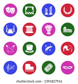 Theater Icons. White Flat Design In Circle. Vector Illustration.